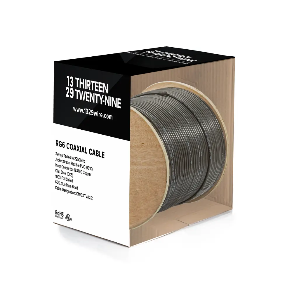 1000' 18AWG, RG6 Coaxial Cable, Copper Clad Steel, 1 Conductor, Black