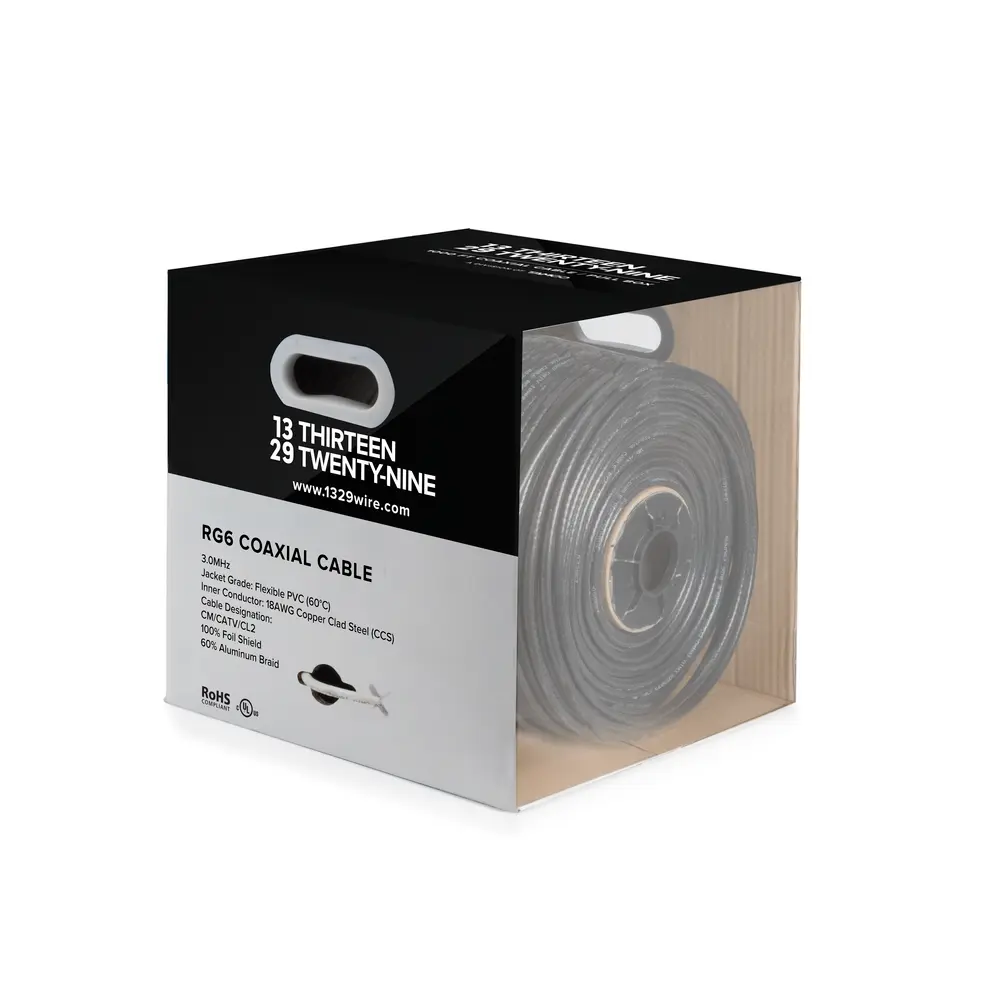 1000' 18AWG, RG6 Non-Plenum Coaxial Cable, Copper Clad, 1 Conductor, Black