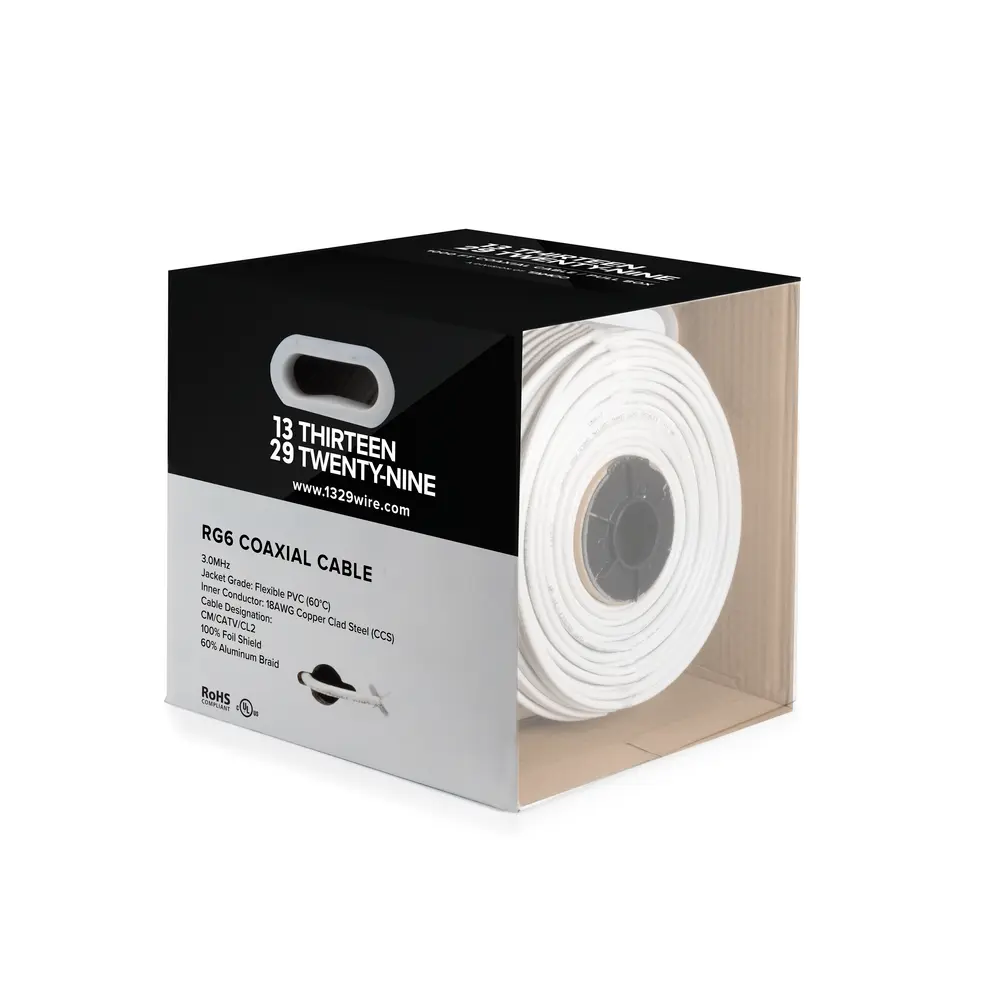 1000' 18AWG, RG6 Non-Plenum Coaxial Cable, Copper Clad Steel, 1 Conductor, White