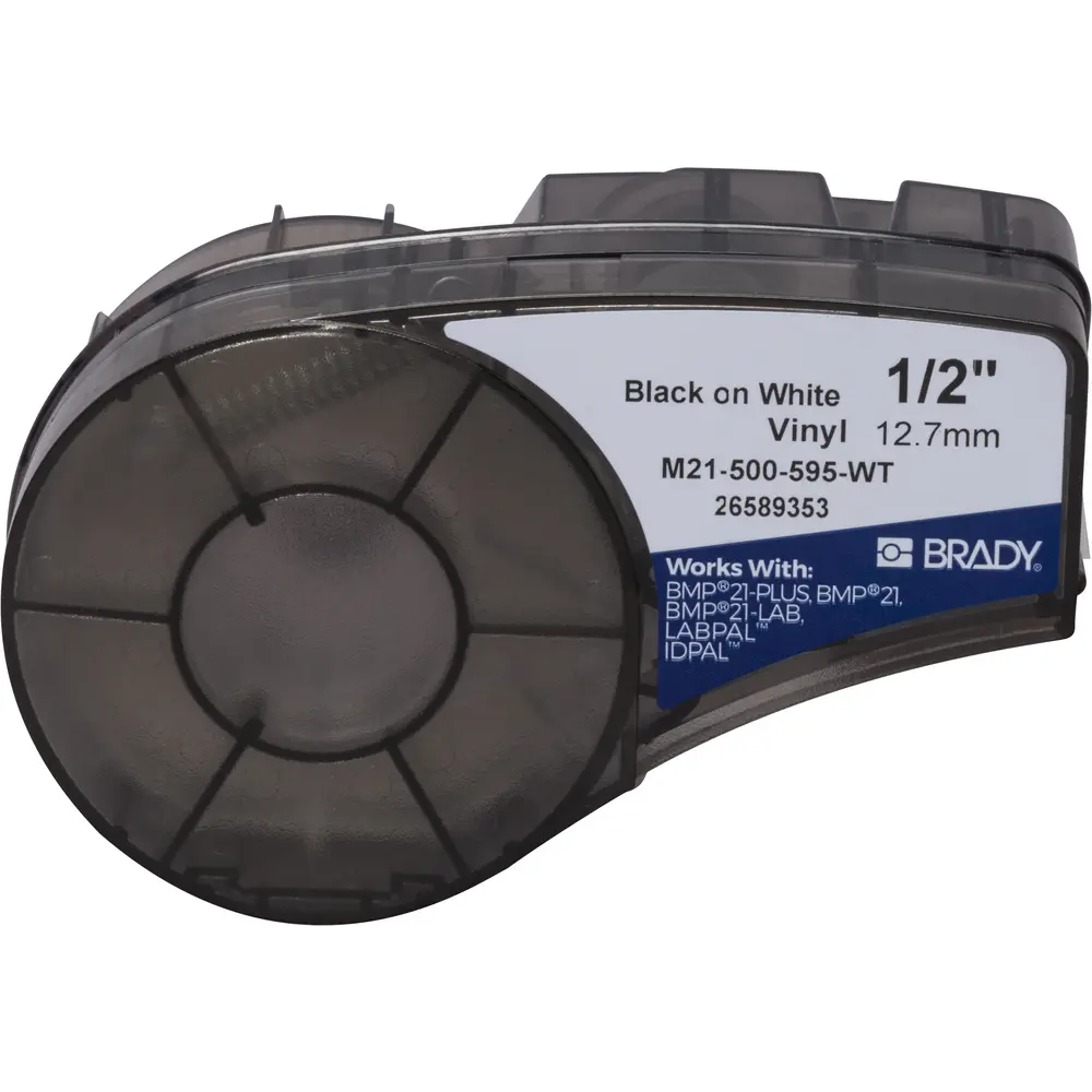 0.5" x 21' All Weather Permanent Adhesive Vinyl Label Tape with Ribbon for M21 Printers, Black on White