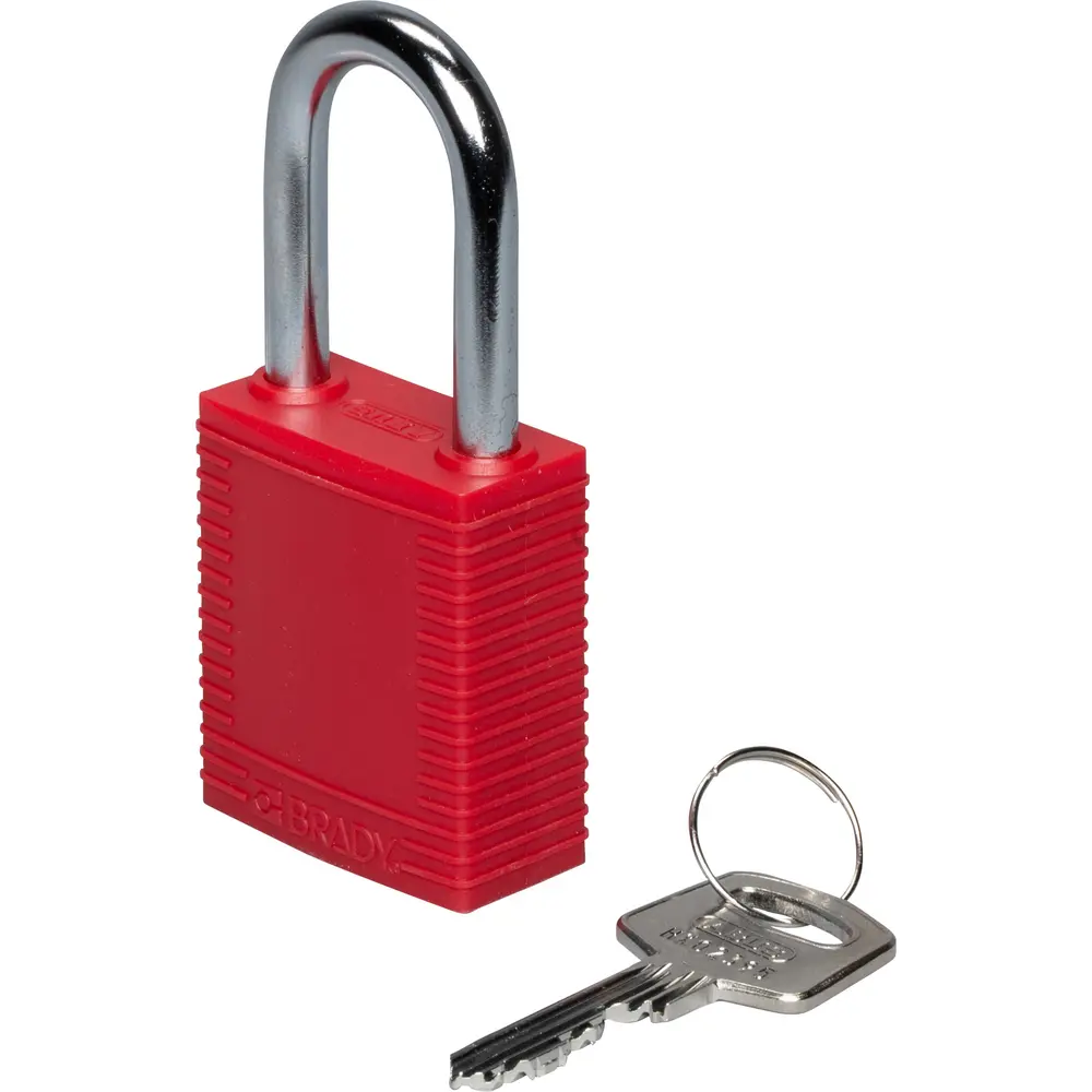 Nylon Lockout Padlock, 1.5", Steel Shackle, Keyed Different, Red