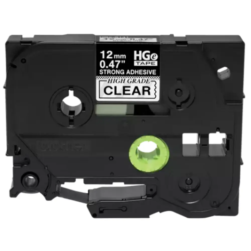 12mm (0.47") Black on Clear HGE Tape with Extra Strength Adhesive, 8m (26.2')