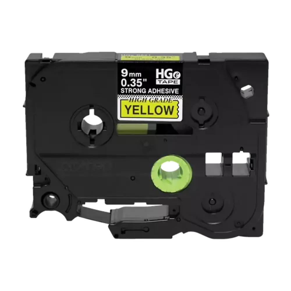 9mm (0.35") Black on Yellow HGE Tape with Extra Strength Adhesive 8m (26.2')