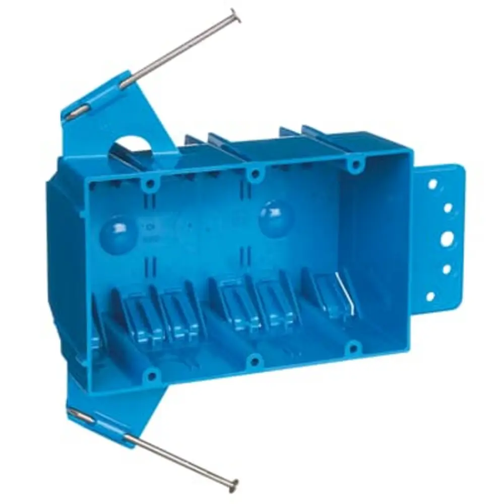 3-Gang Nail-On New Work Outlet Box w/ Nails, Bracket Support, 44 Cu. In., Blue 1 3-Gang Nail-On New Work Outlet Box w/ Nails, Bracket Support, 44 Cu. In., Blue