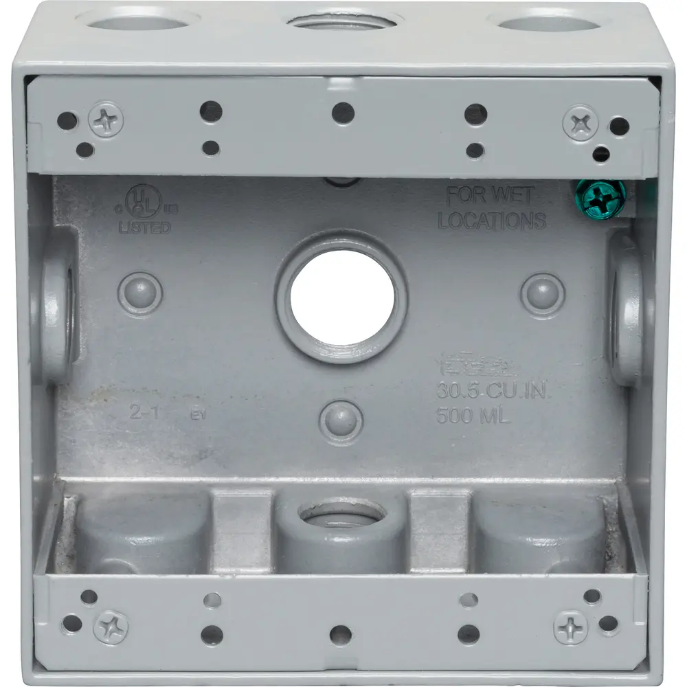 2-3/16" Deep 2-Gang Weatherproof Box, (5) 1/2" Hole, All Sides, Gray