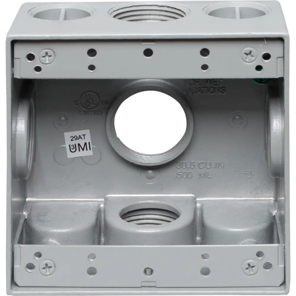 2-3/16" Deep 2-Gang Weatherproof Box, (5) 1" Hole, Gray