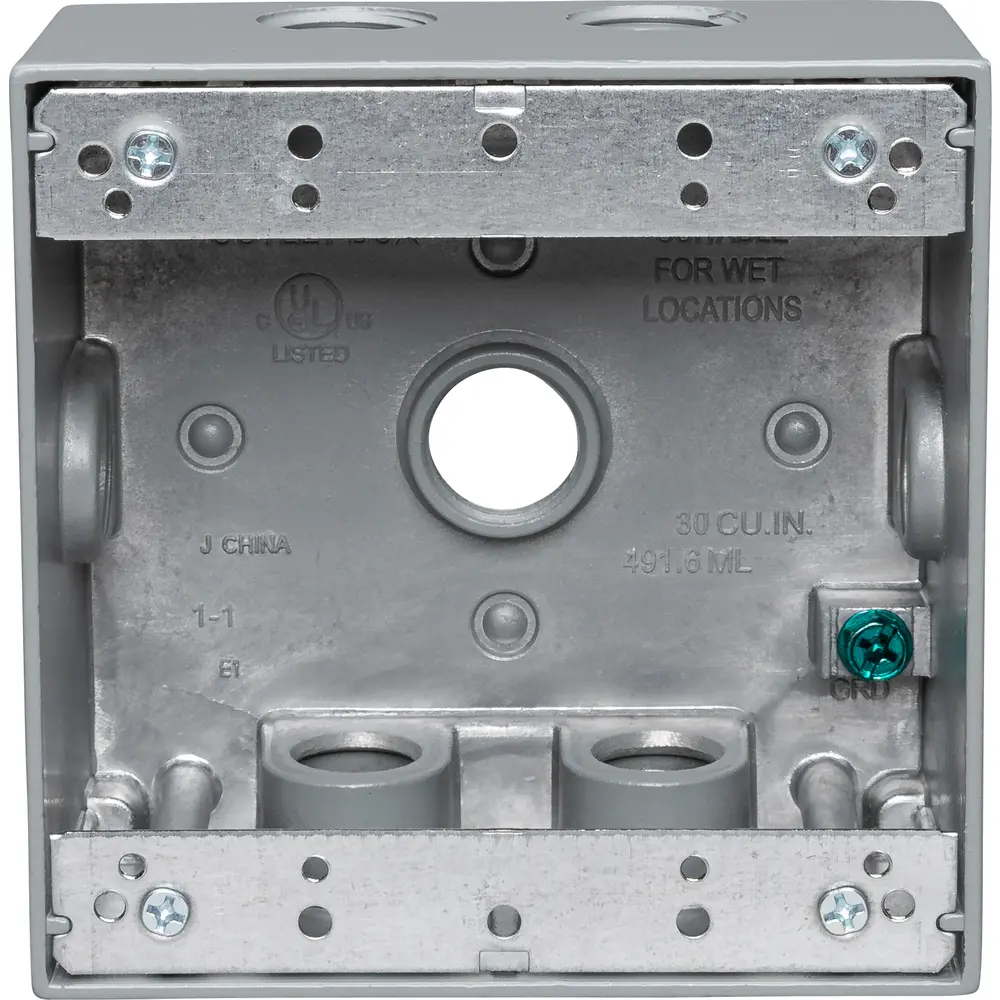 2-3/16" Deep 2-Gang Weatherproof Box, (7) 1/2" Hole, All Sides, Gray