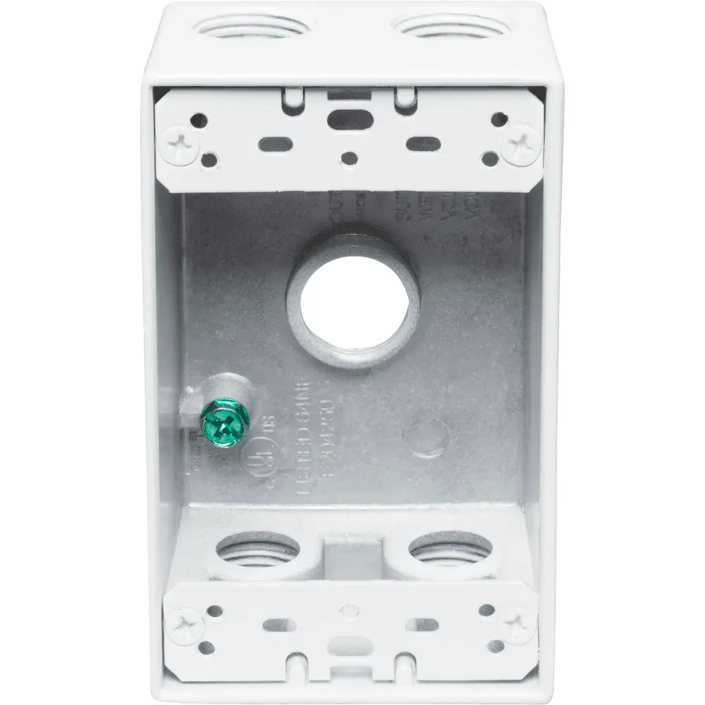 2" Deep Single-Gang Weatherproof Box, (5) 1/2" Hole, White 2 2" Deep Single-Gang Weatherproof Box, (5) 1/2" Hole, White
