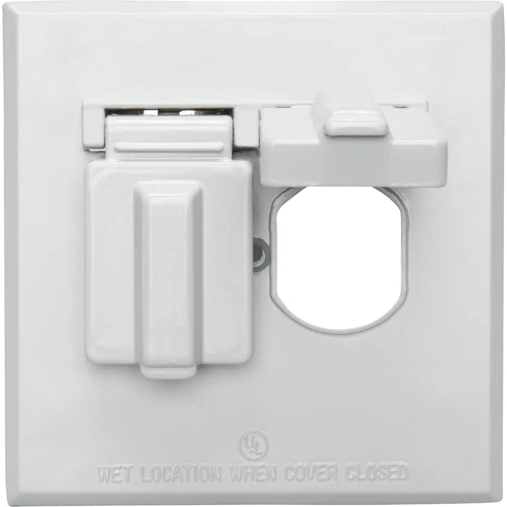 2 Gang Weatherproof Offset (2) Single Receptacle Cover, Die-Cast Zinc, Gray 3 2 Gang Weatherproof Offset (2) Single Receptacle Cover, Die-Cast Zinc, Gray