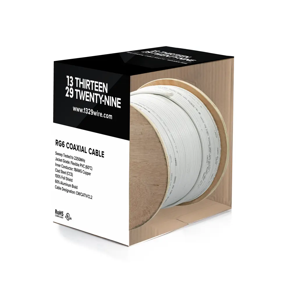 1000' 18AWG, RG6 Coaxial Cable, Copper Clad Steel, 1 Conductor, White