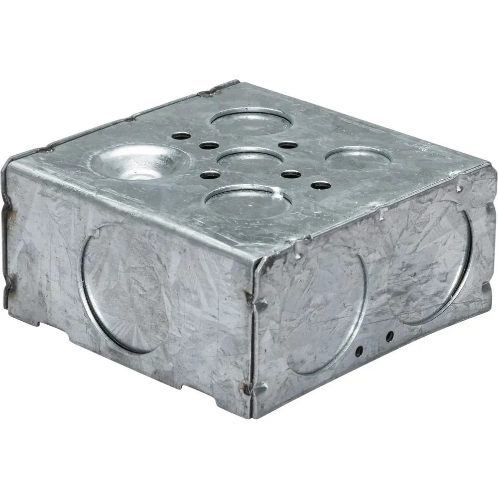 4-11/16" Square Box w/ Raised Ground Emboss, 1/2", 3/4", 1-1/4” KO's, 2-1/8" Deep