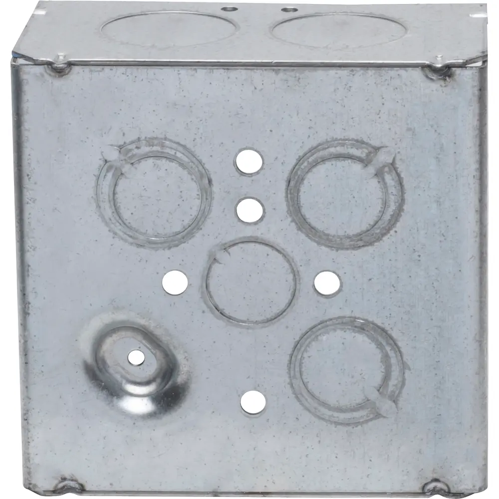 4-11/16" Square Box w/ Raised Ground Emboss, 1/2", 3/4", 1" KO's, 2-1/8" Deep