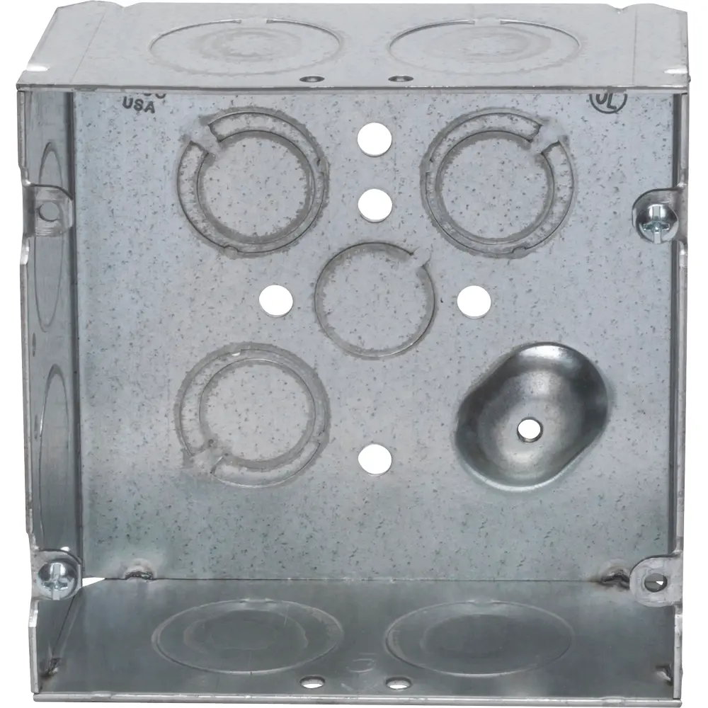 4-11/16" Square Box w/ Raised Ground Emboss, 1/2", 3/4", 1" KO's, 2-1/8" Deep