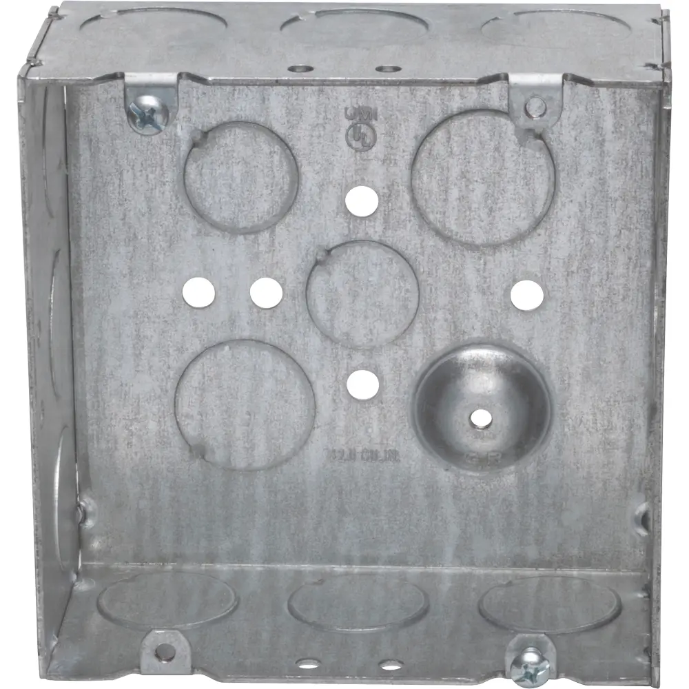4-11/16" Square Box w/ Raised Ground Emboss, 1/2", 3/4" KO's, 2-1/8" Deep