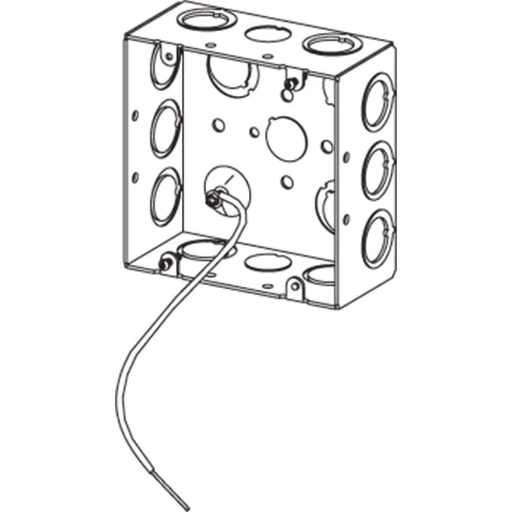 4-11/16" Square Box w/ Raised Ground Emboss, 12 AWG Pigtail, 1/2" MKO's, 2-1/8" Deep