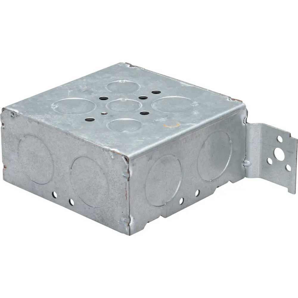 4-11/16" Square Box w/ Raised Ground Emboss, Flush Bracket, 1/2", 3/4", 1" KO's, 2-1/8" Deep 1 4-11/16" Square Box w/ Raised Ground Emboss, Flush Bracket, 1/2", 3/4", 1" KO's, 2-1/8" Deep
