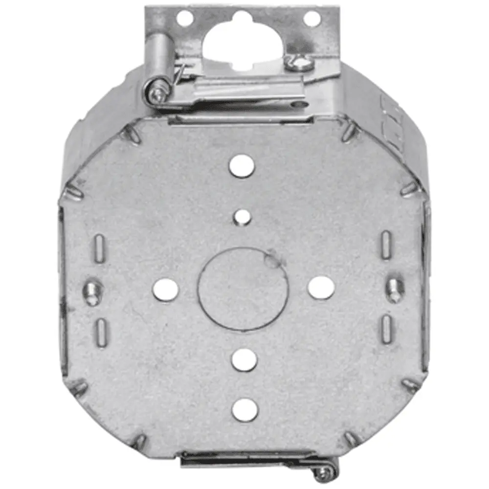 4" Octagon Box Welded w/ Non-Metallic Clamps, Swing Bracket, 1/2" KO's, 1-1/2" Deep