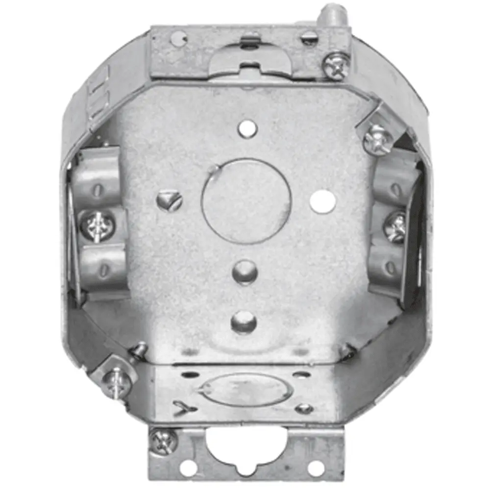 4" Octagon Box Welded w/ Non-Metallic Clamps, Swing Bracket, 1/2" KO's, 1-1/2" Deep