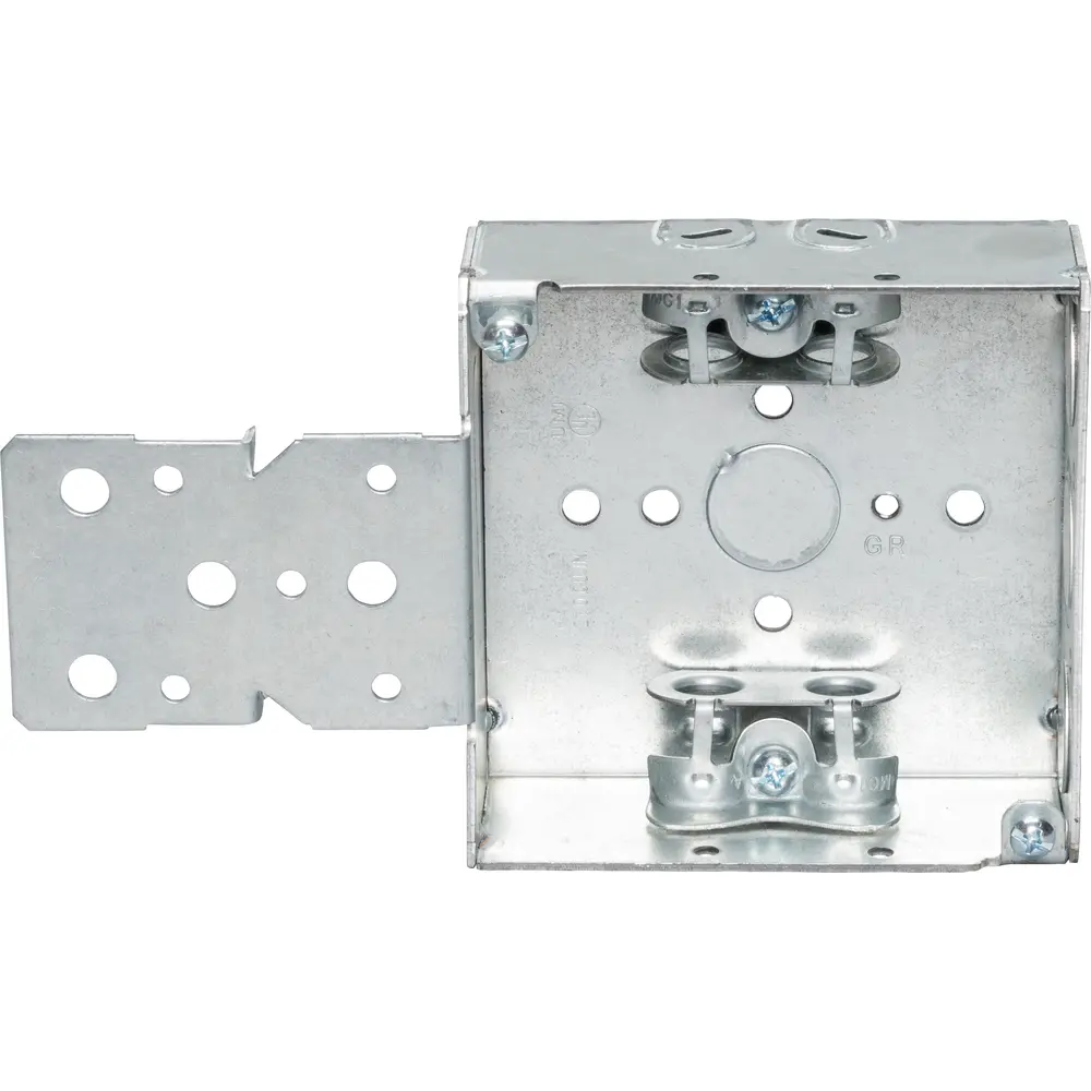 4" Square Box w/ BX/MC Clamps, B Bracket, 1/2" KO's, 1-1/2" Deep