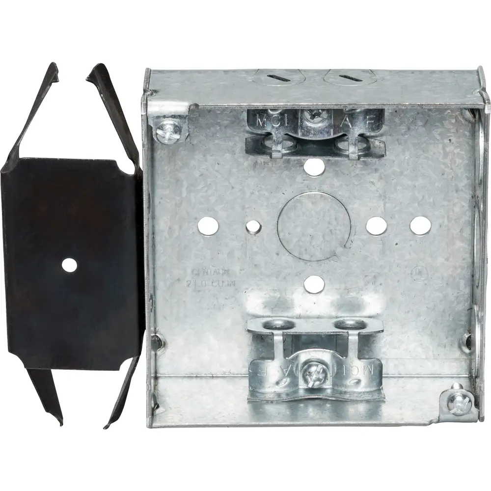 4" Square Box w/ BX/MC Clamps, MS Bracket, 1/2" KO's, 1-1/2" Deep