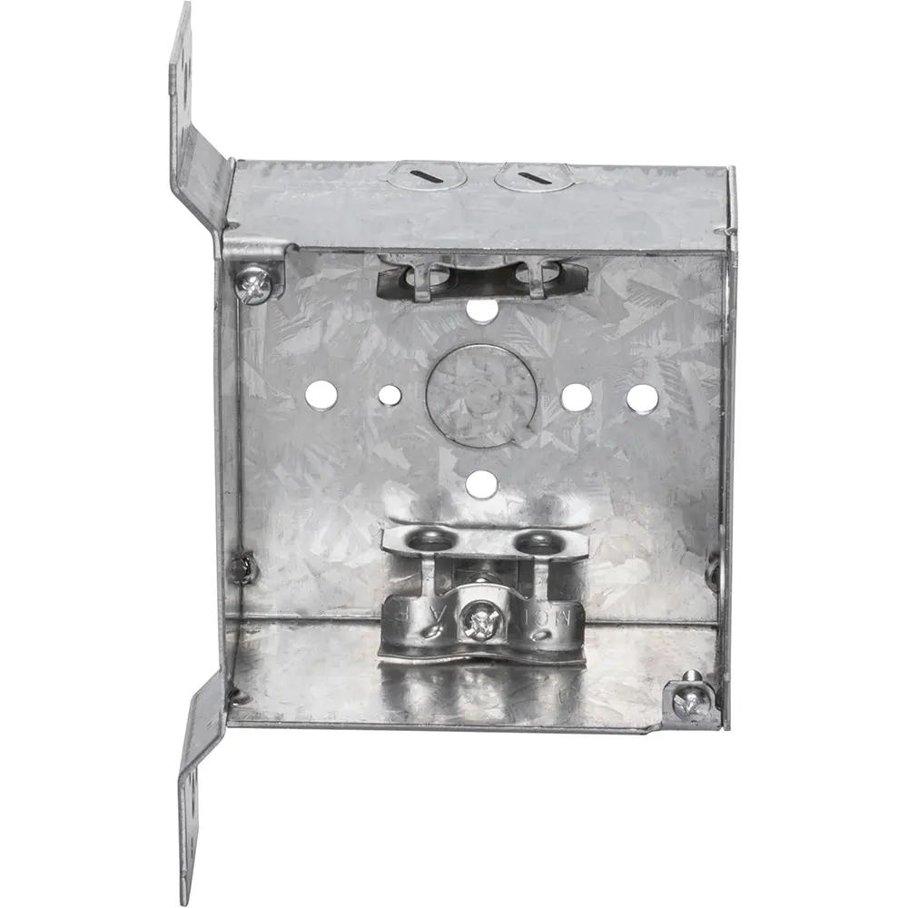 4" Square Box w/ MC Clamps, Flush Bracket, 1/2" KO's, 2-1/8" Deep