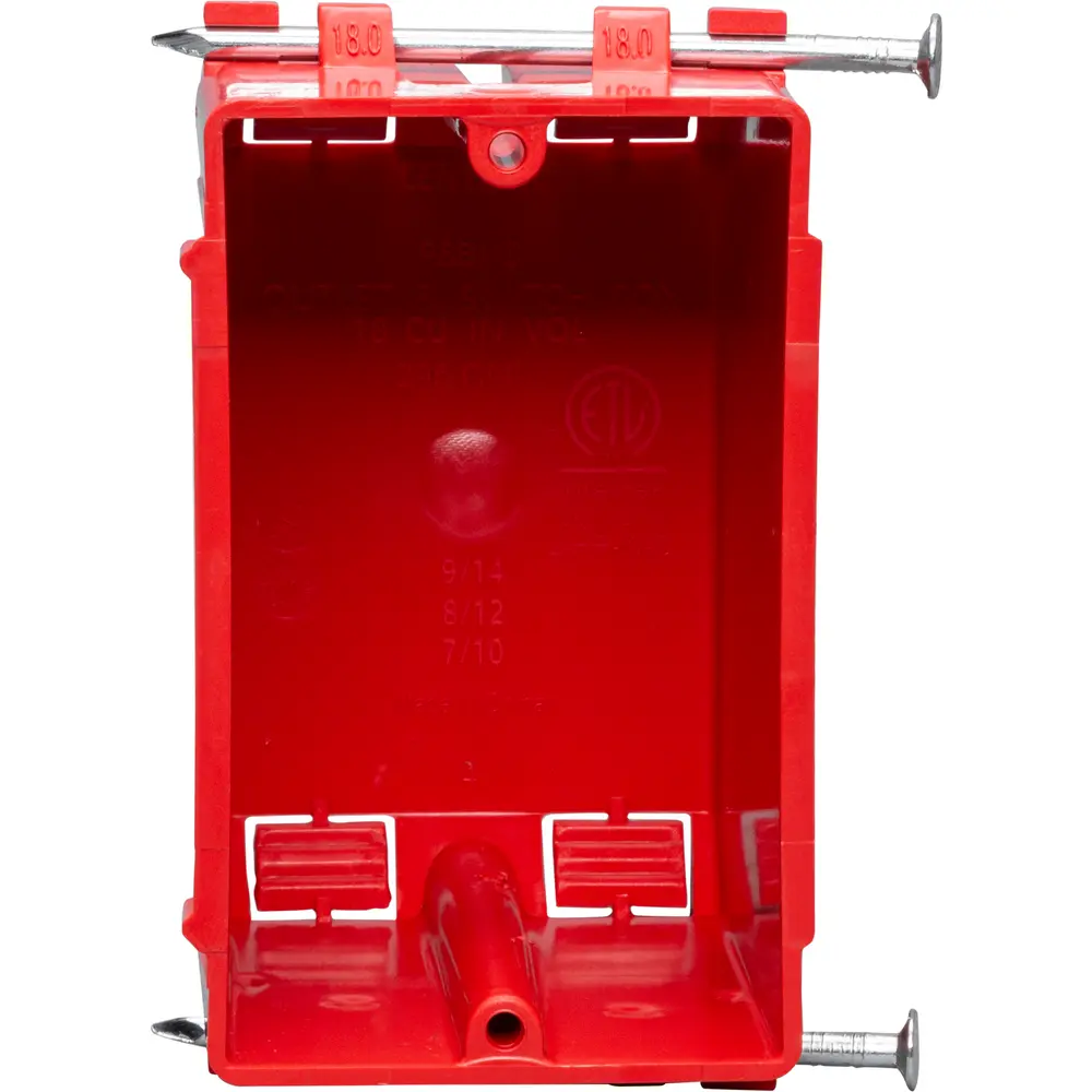 Single-Gang Plastic Switch Box, Nail-On, Red, 18 Cu. In.