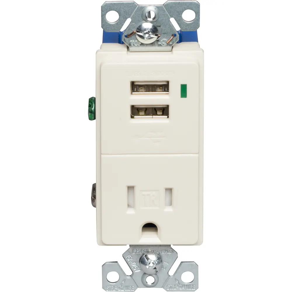 15 A, 125 VAC Combination Receptacle w/ USB Charger, 0.7 A, Light Almond