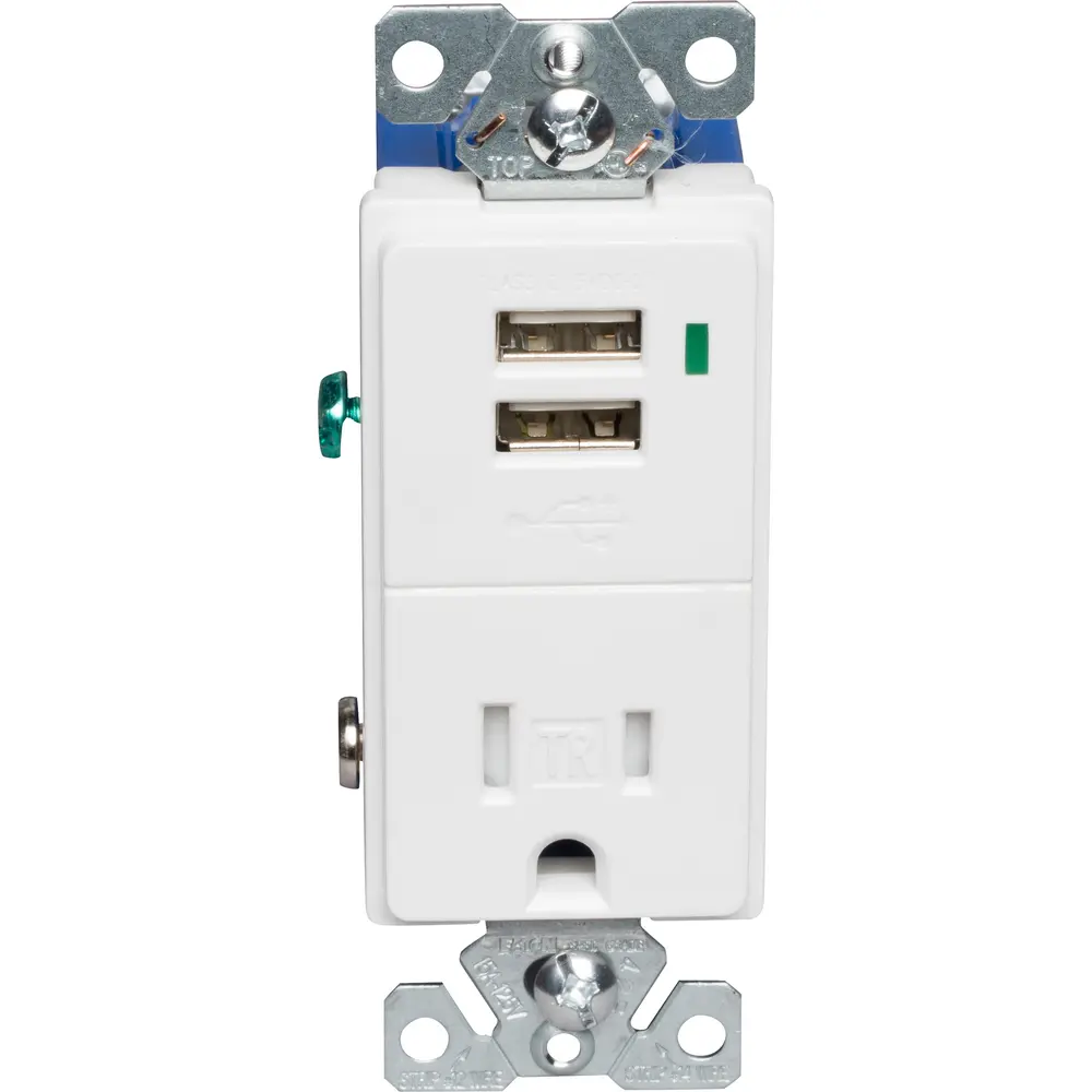 15 A, 125 VAC Combination Receptacle w/ USB Charger, 0.7 A, White