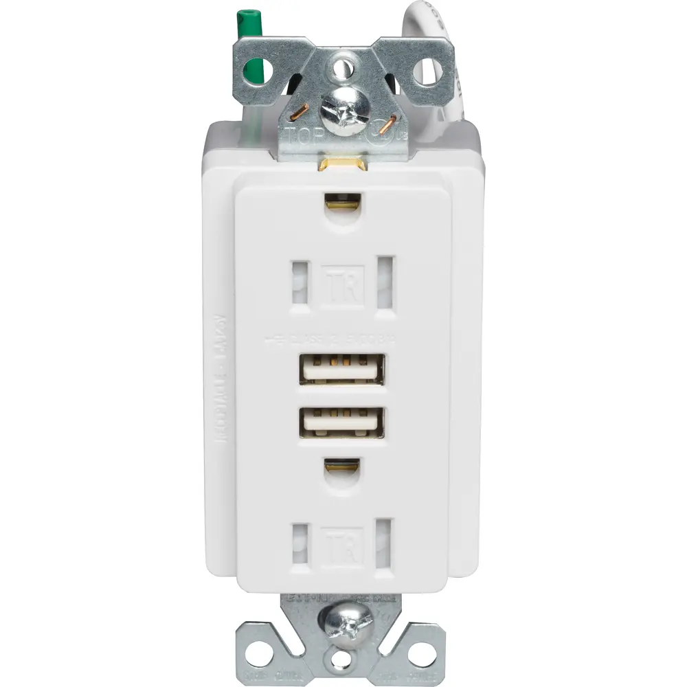 15 A, 125 VAC Combination Receptacle w/ USB Charger, 3.1 A, White