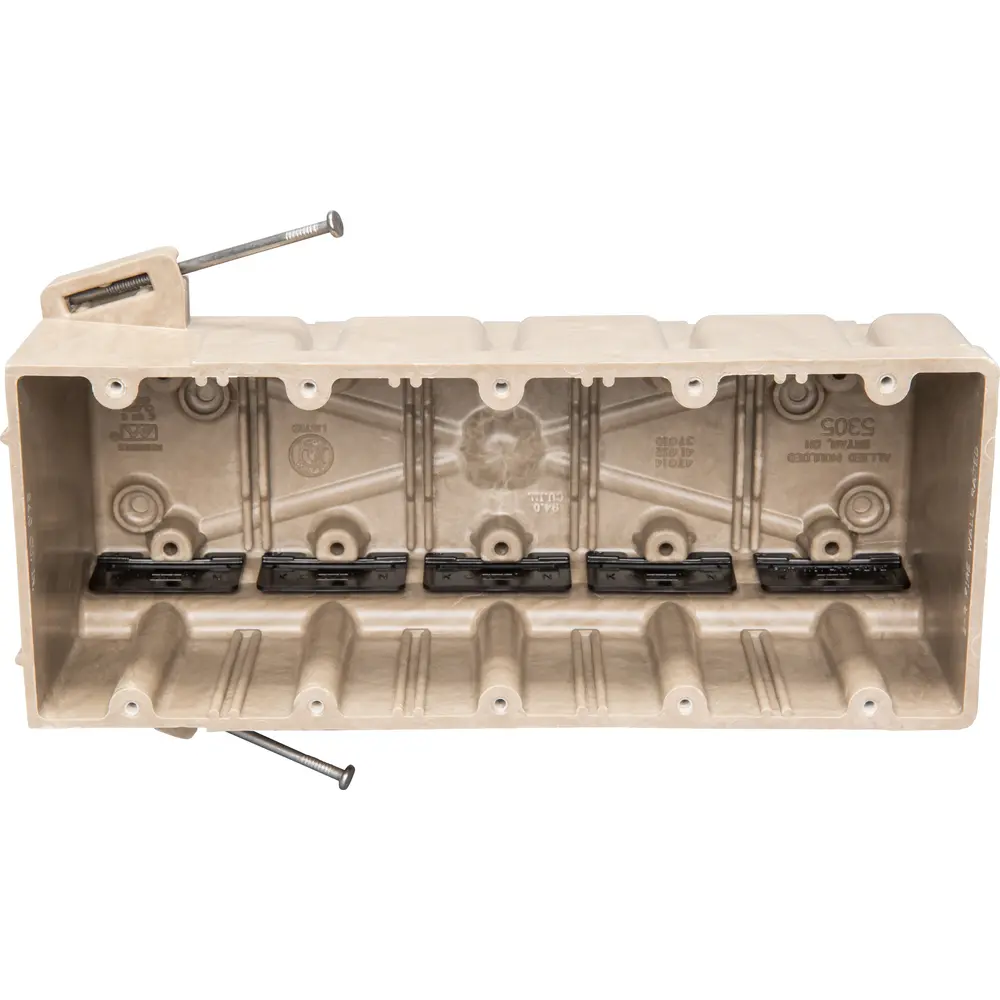 5-Gang Electrical Box w/ Nails, New Work, 94 Cu. In., Off White 2 5-Gang Electrical Box w/ Nails, New Work, 94 Cu. In., Off White