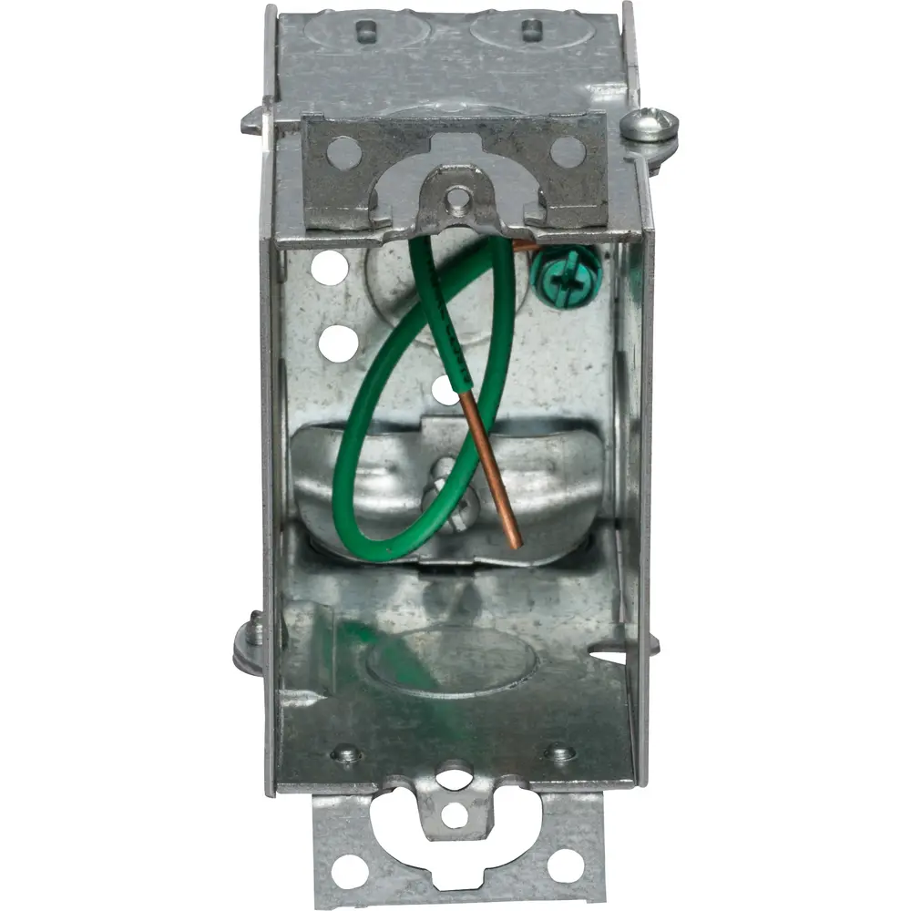 3-1/2" Gangable Switch Box, (2) Cable, (1) 1/2" KO, NM Clamps, Ears/Ground Pigtail, 18 Cu. In., Steel