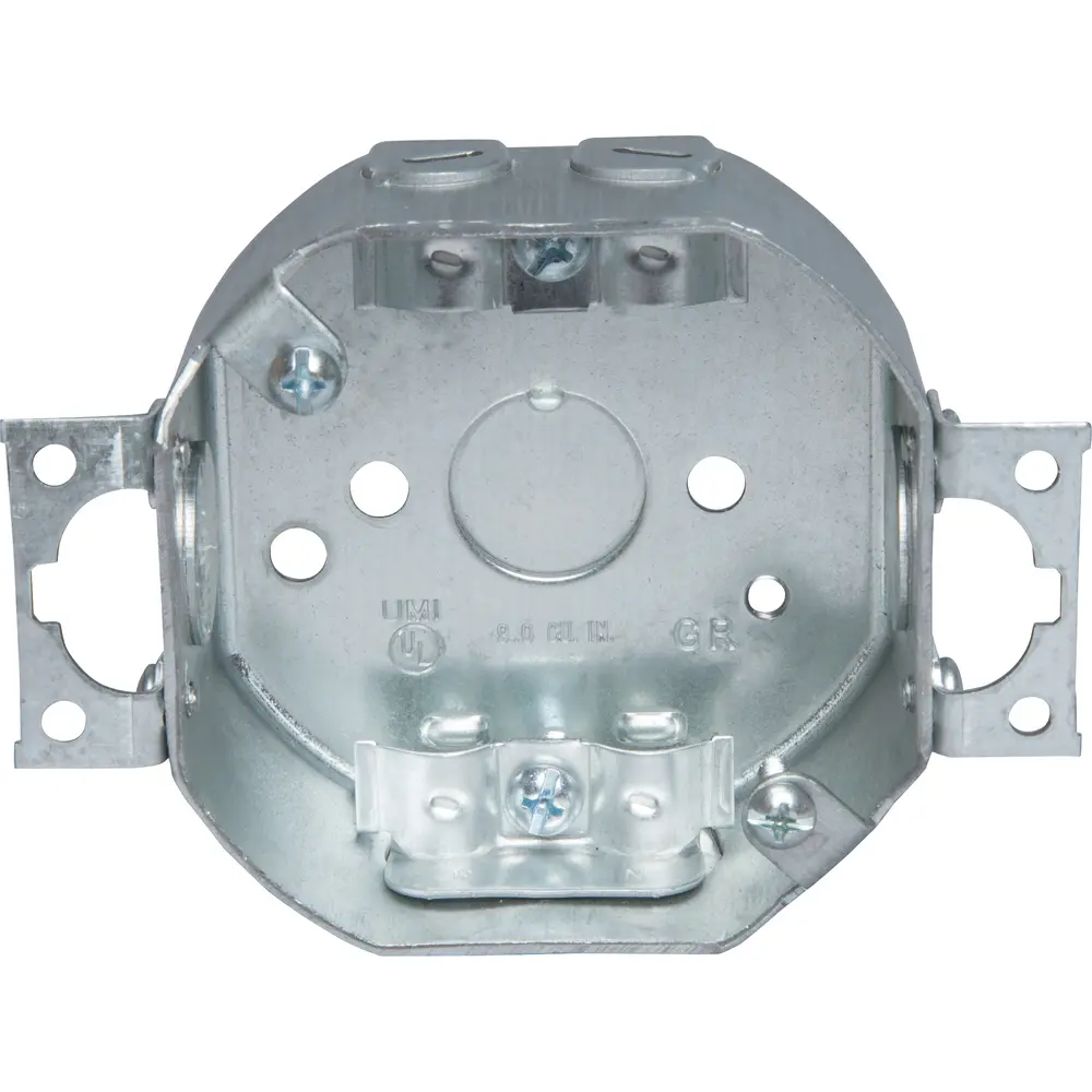 3-1/4" Octagon Outlet Box, 2-Screw Ears, NM Clamps, (1) 1/2" KO, 9 Cu. In. 2 3-1/4" Octagon Outlet Box, 2-Screw Ears, NM Clamps, (1) 1/2" KO, 9 Cu. In.