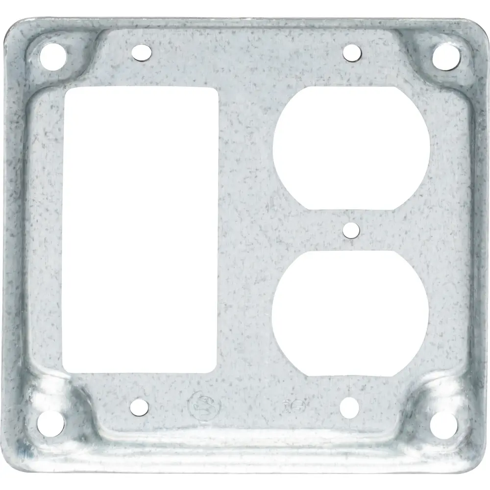 4" Square Surface Cover, Raised, (1) Duplex, (1) GFCI Receptacle, 5.5 Cu. In., Steel