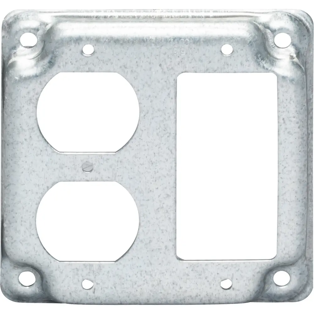 4" Square Surface Cover, Raised, (1) Duplex, (1) GFCI Receptacle, 5.5 Cu. In., Steel