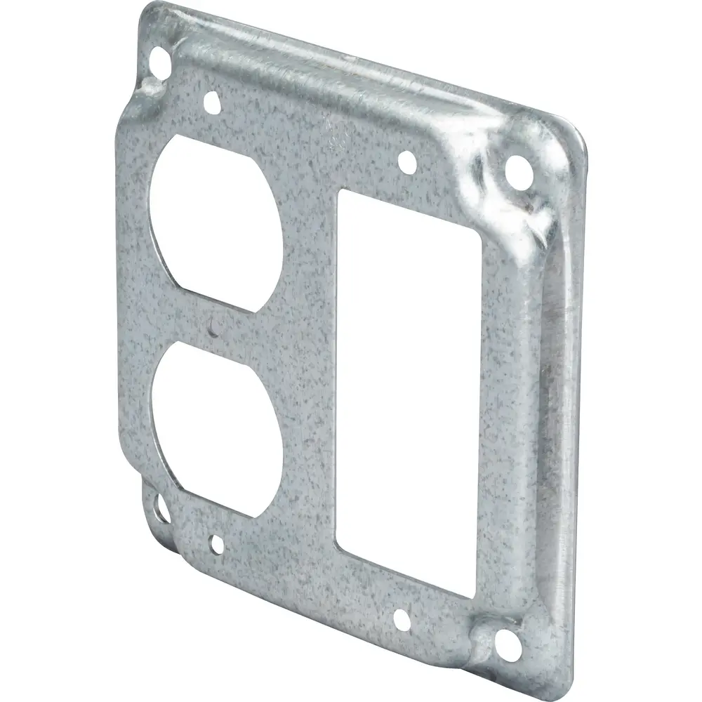 4" Square Surface Cover, Raised, (1) Duplex, (1) GFCI Receptacle, 5.5 Cu. In., Steel