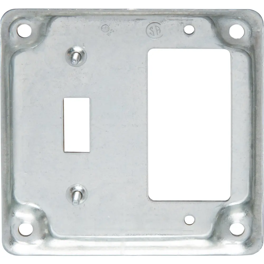 4" Square Surface Cover, Raised, (1) Toggle, (1) GFCI Receptacle, 5.5 Cu. In., Steel