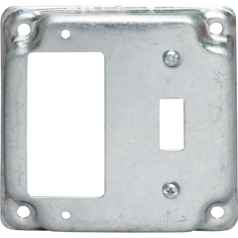 4" Square Surface Cover, Raised, (1) Toggle, (1) GFCI Receptacle, 5.5 Cu. In., Steel