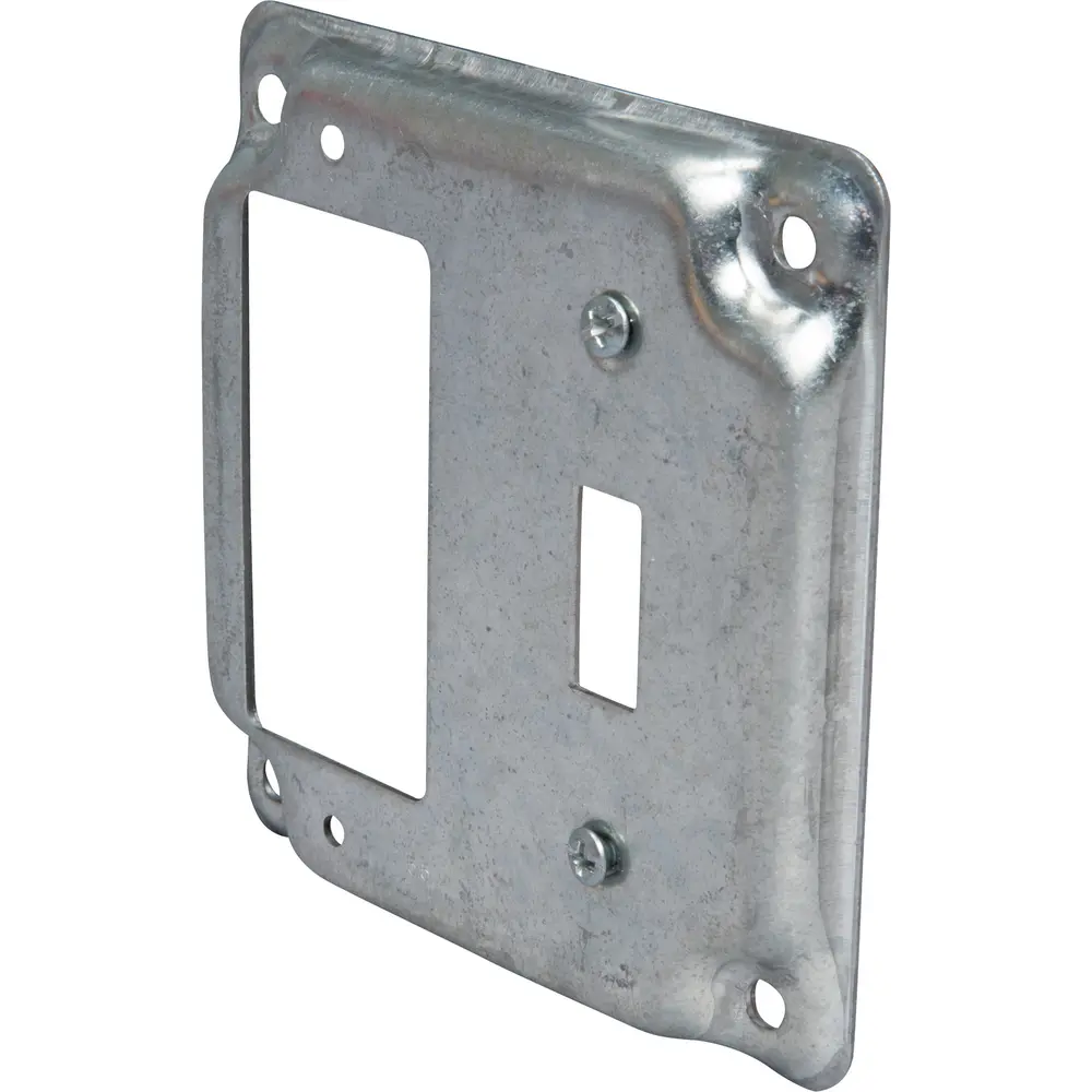 4" Square Surface Cover, Raised, (1) Toggle, (1) GFCI Receptacle, 5.5 Cu. In., Steel