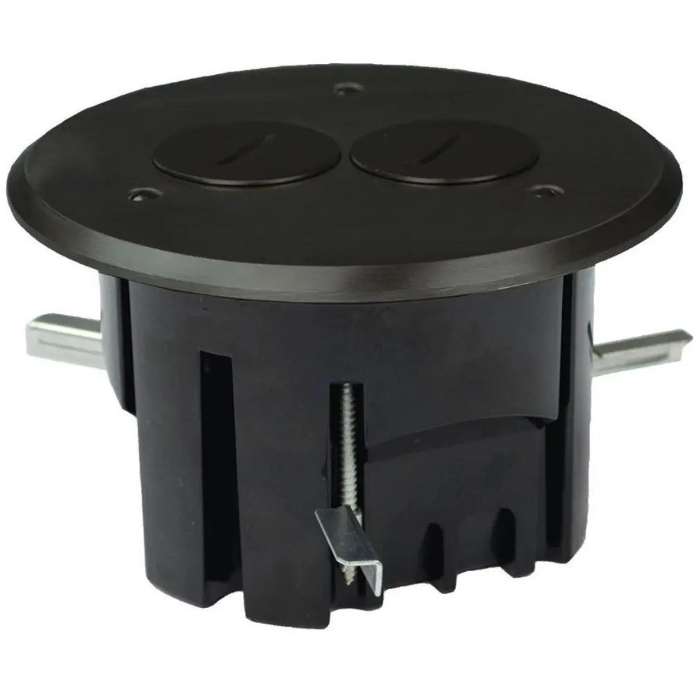 Round Floor Box Assembly w/ Brass Duplex Device Cover, Dark Bronze, 24.5 Cu. In. 1 Round Floor Box Assembly w/ Brass Duplex Device Cover, Dark Bronze, 24.5 Cu. In.