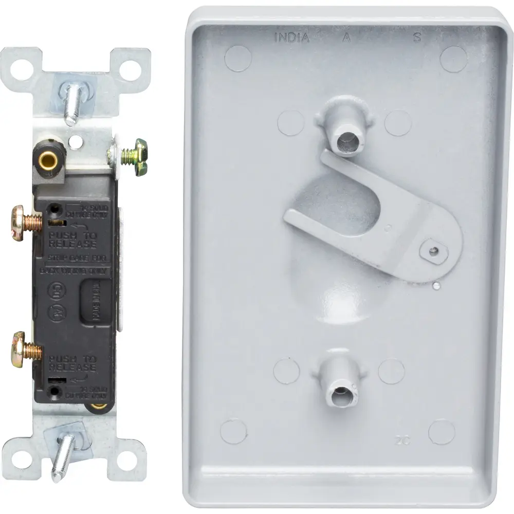 Single-Gang Weatherproof Toggle Switch Cover w/ 15 A 125 VAC Toggle Switch, Single-Pole, Aluminum, Gray 1 Single-Gang Weatherproof Toggle Switch Cover w/ 15 A 125 VAC Toggle Switch, Single-Pole, Aluminum, Gray