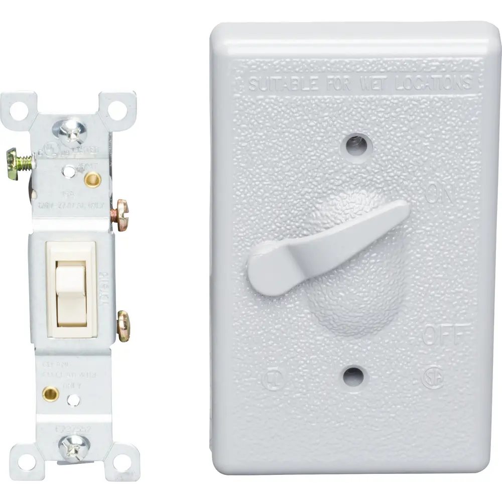 Single-Gang Weatherproof Toggle Switch Cover w/ 15 A 125 VAC Toggle Switch, Single-Pole, Aluminum, Gray 2 Single-Gang Weatherproof Toggle Switch Cover w/ 15 A 125 VAC Toggle Switch, Single-Pole, Aluminum, Gray