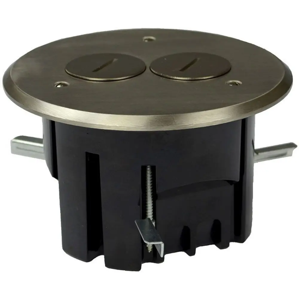 Round Floor Box Assembly w/ Brass Duplex Device Cover, Nickel-Plated, 24.5 Cu. In.
