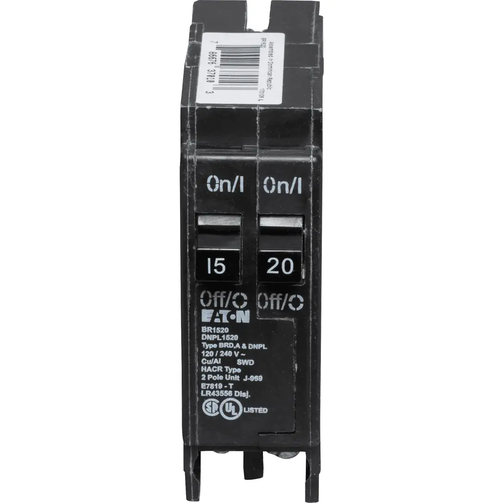 (1) 1P 15 A, (1) 1P 20 A, 120/240 VAC BR Tandem Plug-In Circuit Breaker