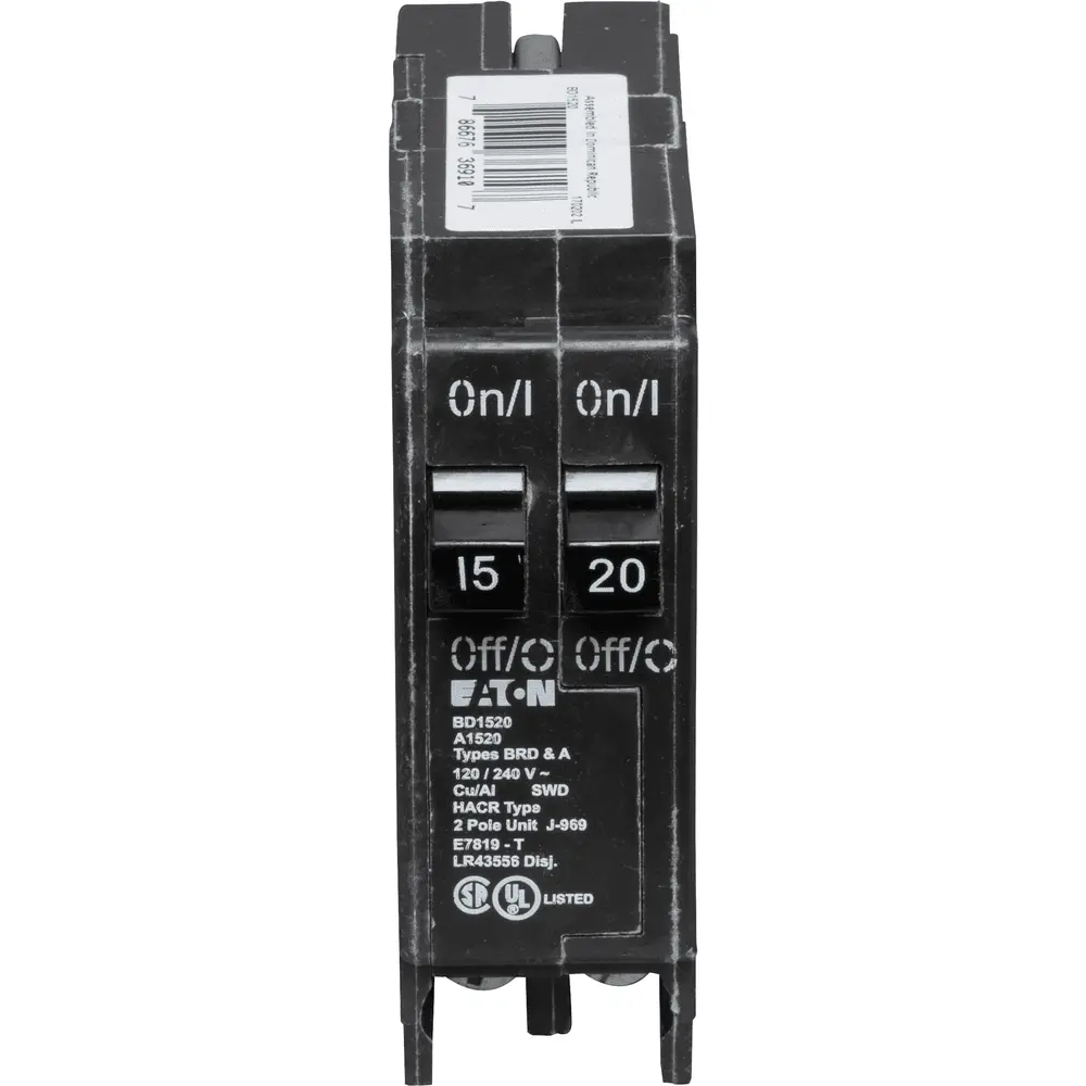 (1)1P 15 A, (1) 1P 20 A, 120 VAC BD Tandem Plug-In Circuit Breaker