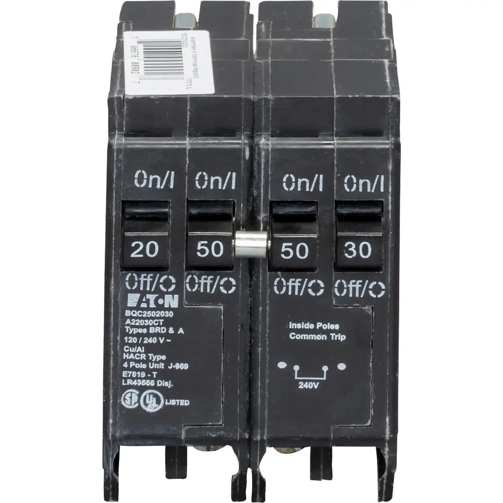 (1) 1P 20 A, (1) 1P 30 A, (1) 2P 50 A, 120/240 VAC BQC Tandem Plug-In Circuit Breaker