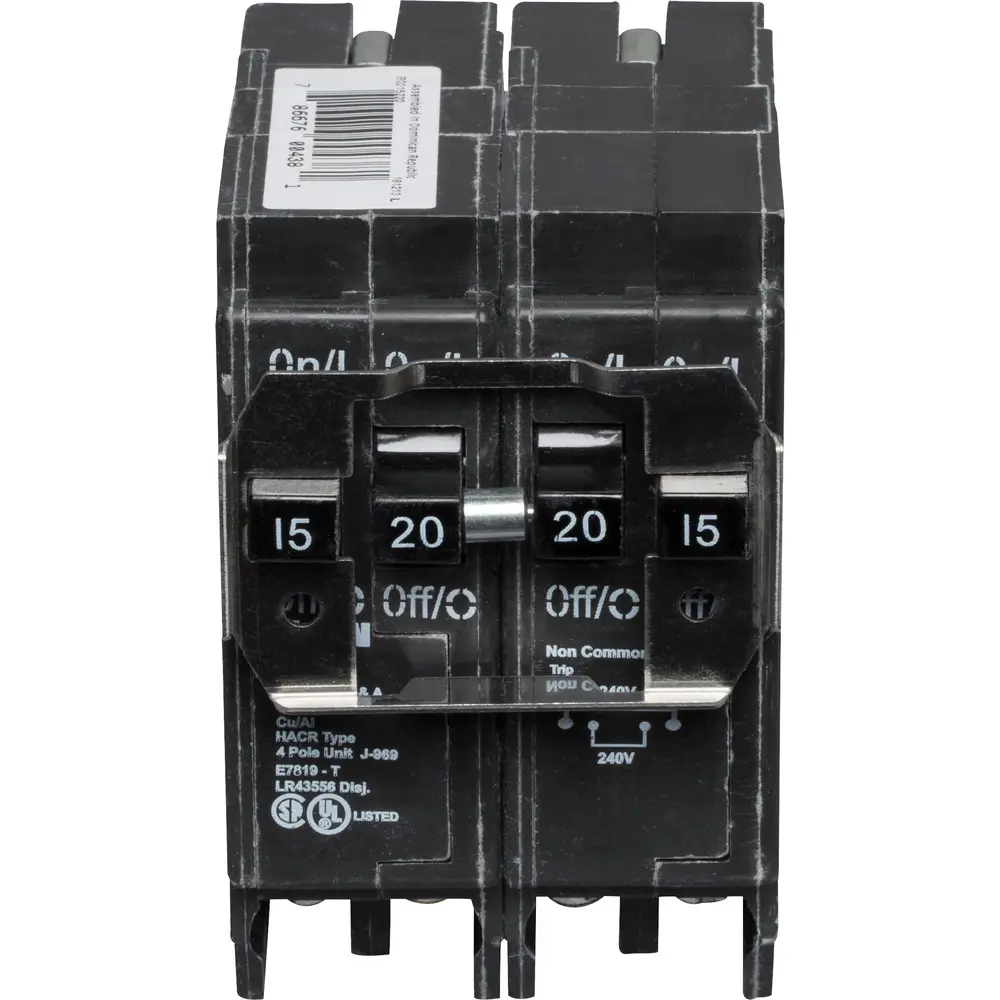 (1) 2P 15 A, (1) 2P 20 A, 120/240 VAC BQ Tandem Plug-In Circuit Breaker