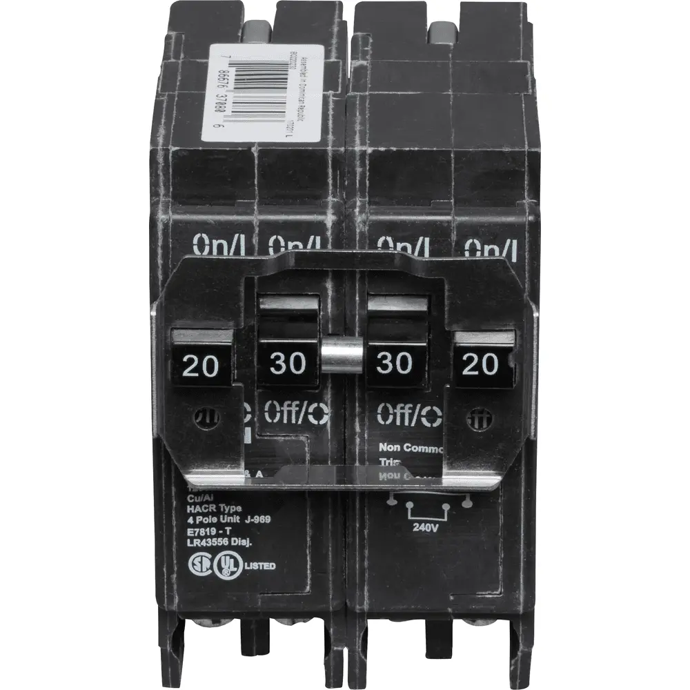 (1) 2P 20A, (1) 2P 30A, 120/240 VAC BQ Tandem Plug-In Circuit Breaker