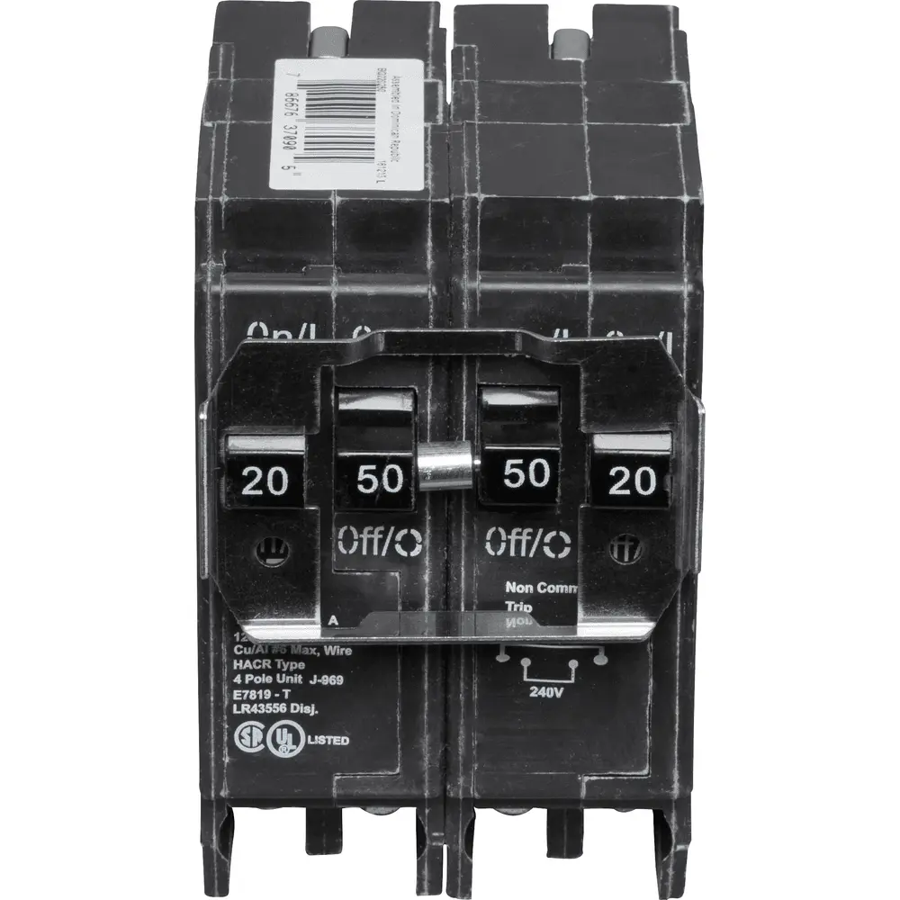 (1) 2P 20A, (1) 2P 50A, 120/240 VAC BQ Tandem Plug-In Circuit Breaker