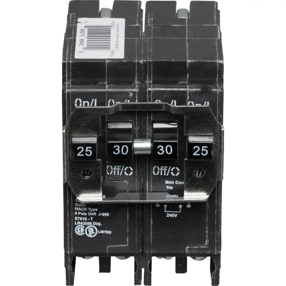 (1) 2P 25 A, (1) 2P 30 A, 120/240 VAC BQ Tandem Plug-In Circuit Breaker