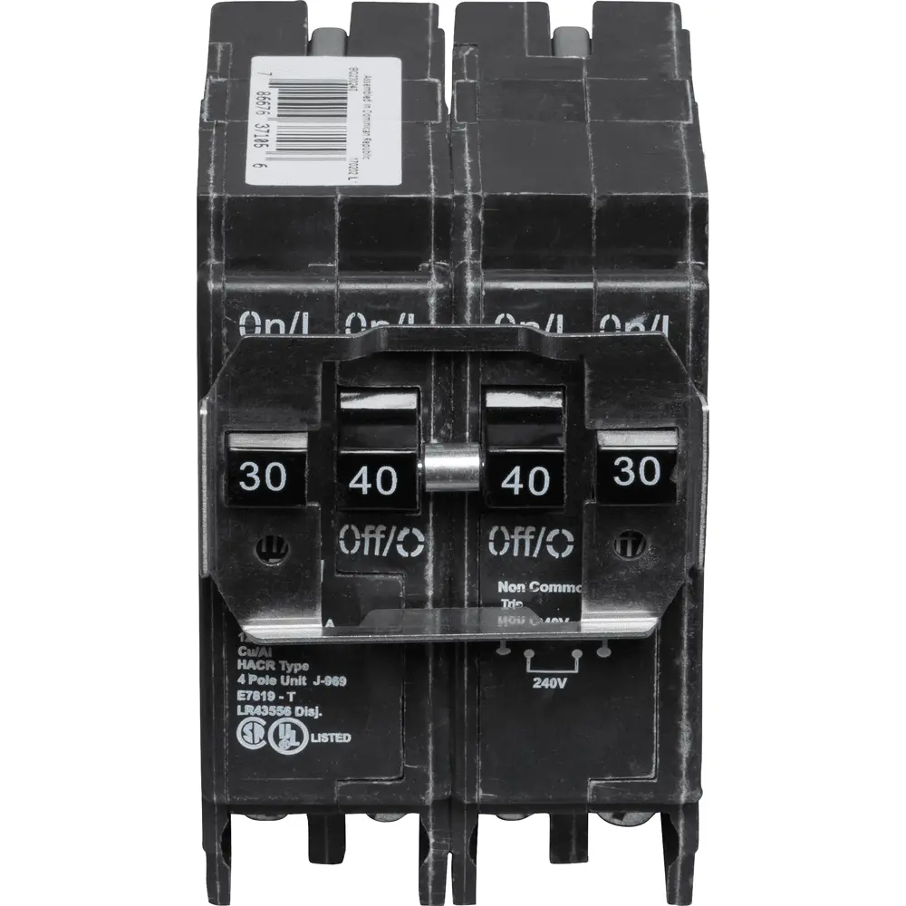 (1) 2P 30 A, (1) 2P 40 A, 120/240 VAC BQ Tandem Plug-In Circuit Breaker